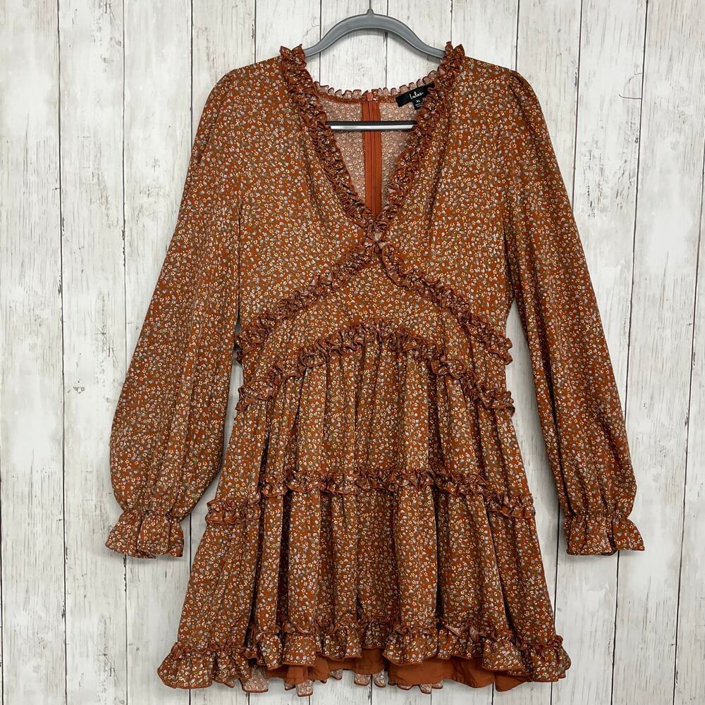 Lulu's Burnt Orange Floral Ruffle Midi Dress